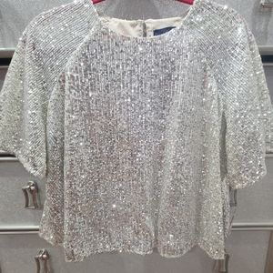 NWT, womens Rachel Roy silver short sleeve sequin top, size small, new with tags
